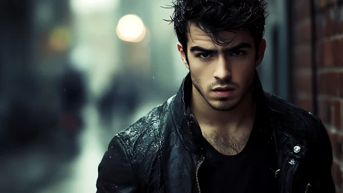 Portrait shows wet leather jacketed man in shallow focus street