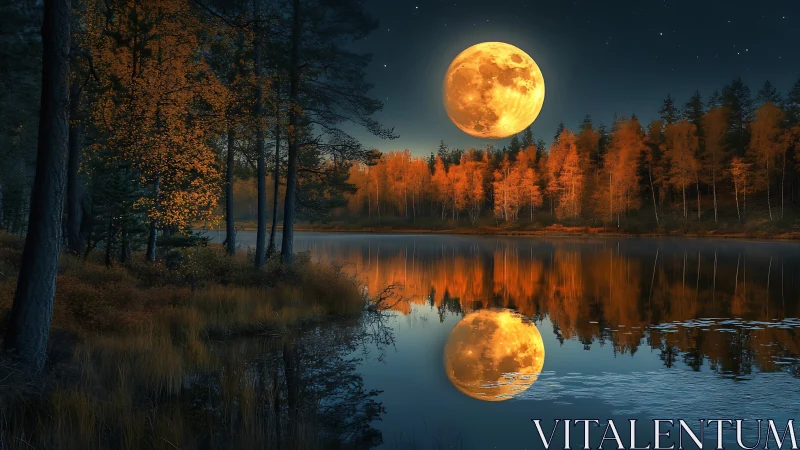 Full moon illuminates autumn forest and reflects on lake