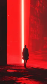 Lone figure walks toward a towering neon red light portal.