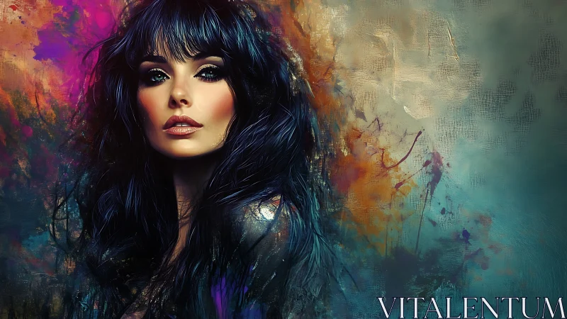 Dark-haired woman emerges against vivid abstract paint field