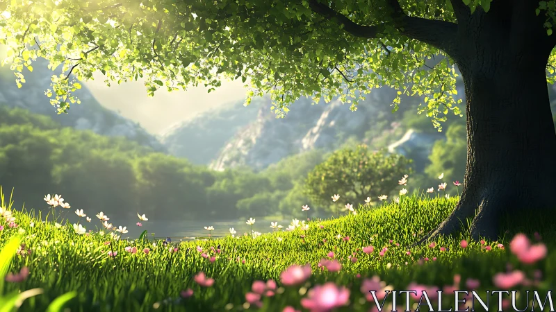 Sunlit meadow haven beneath a peaceful whispering tree.