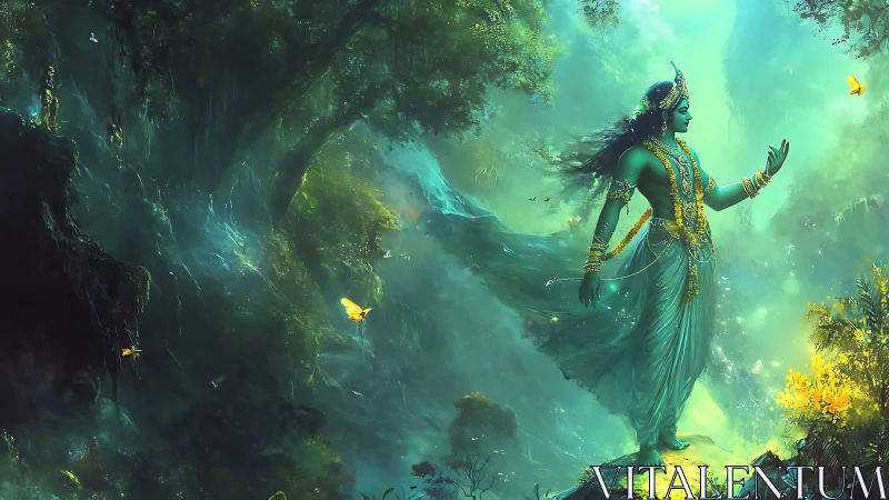 Divine forest deity in luminous emerald mistscape.