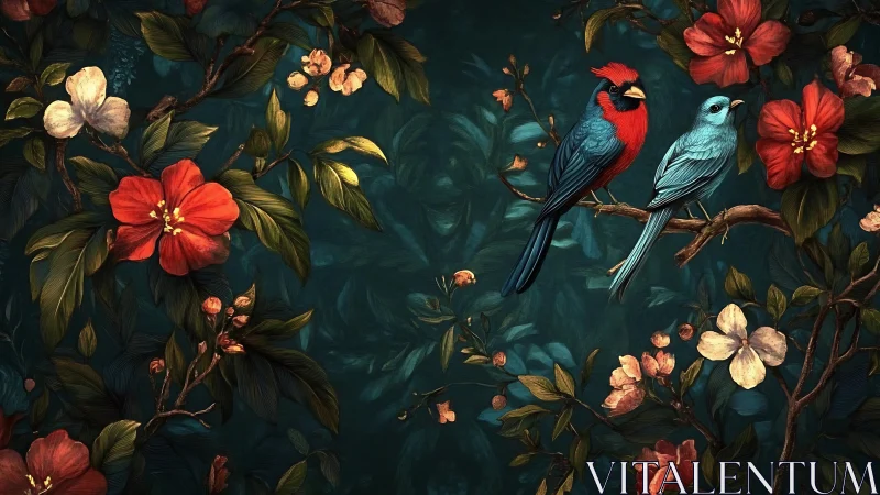 Colorful songbirds on flowering branches, vintage botanical art.