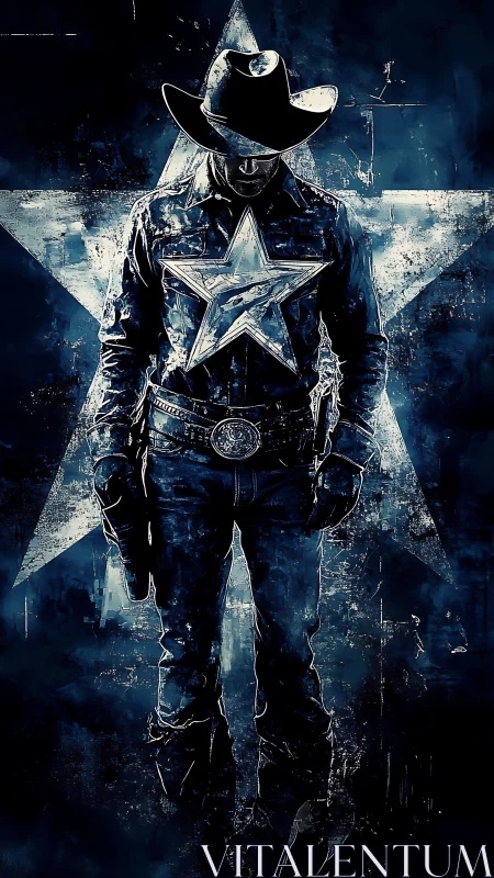 Lone cyber-western gunslinger framed by distressed star emblem