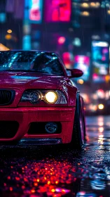 Neon-soaked red street racer prowls the midnight rain. Period.