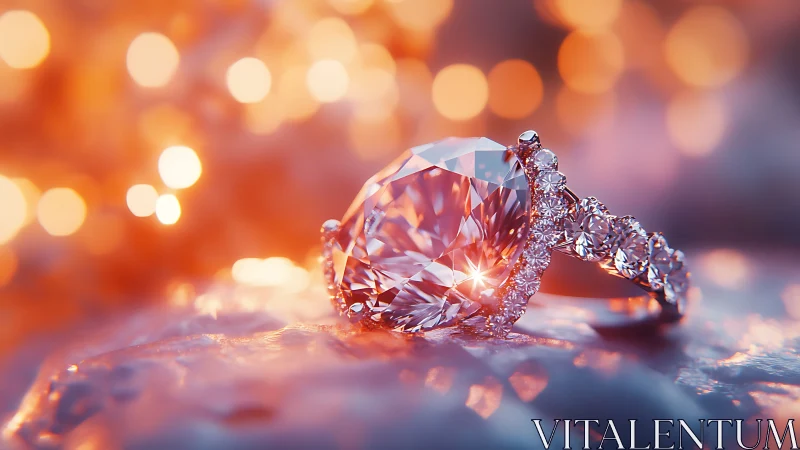 Diamond engagement ring glows under warm sunset bokeh light