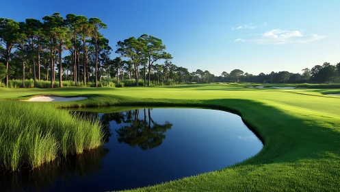 Sunlit golf course fairway curves beside a tranquil waterway