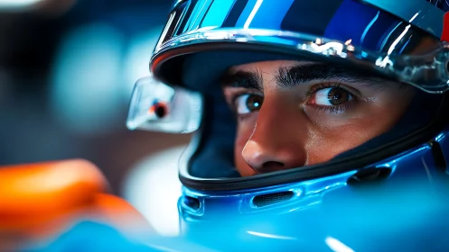 Intense racing driver portrait framed by reflective blue helmet