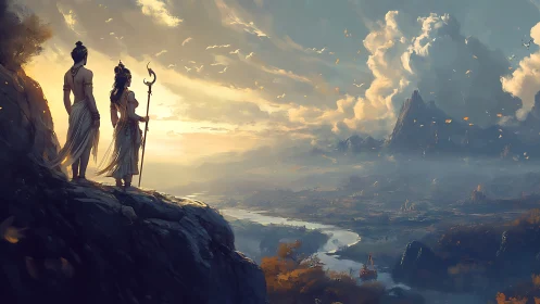 Divine wanderers survey sunlit valley and stormbound peaks.