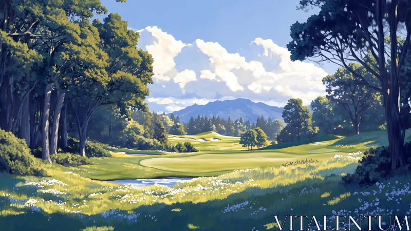 Sunlit fairway meandering through wildflower-bright forest valley.