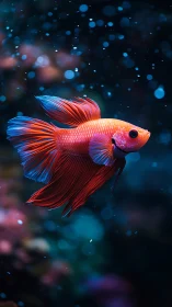 Vibrant betta fish drifts through glowing underwater bokeh.