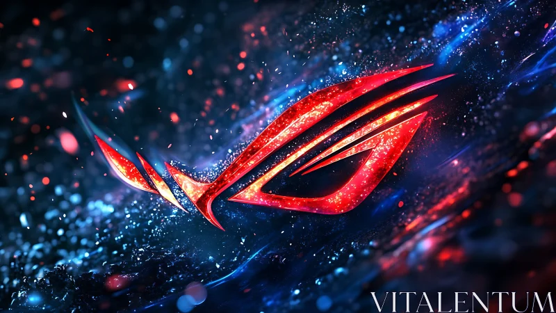 Glowing red gaming emblem slices through electric cosmos.