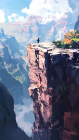 Lone hiker atop sunlit canyon cliff in vast vista.