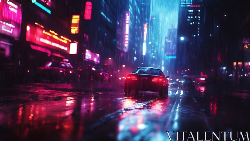 Neon sedan reflects city lights on rain-soaked night avenue.