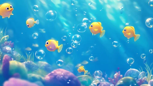Playful yellow fish drift through bright bubble currents.