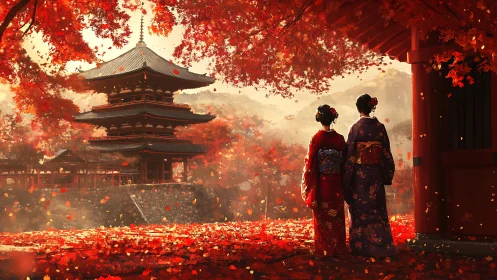Two figures observe temple pagoda amid dense autumn foliage