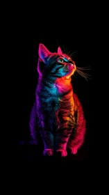 Neon lit cat portrait against deep black negative space.