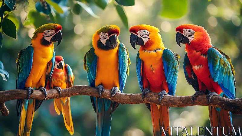 Vibrant Scarlet Macaws Perched on Branch in Lush Nature Scene.
