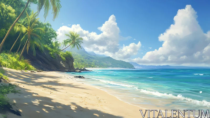 Tropical Paradise Beach with Lush Palms and Turquoise Waves