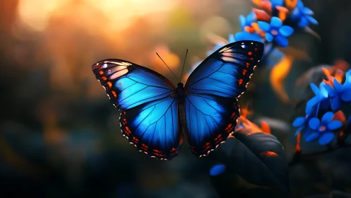 Luminous blue butterfly rests on glowing garden blooms.