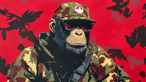Militarized chimpanzee portrait in tactical camouflage gear.