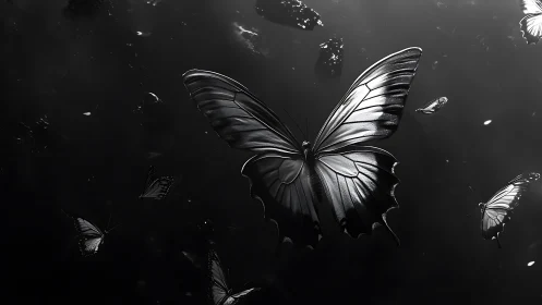 Silver-winged butterflies drifting through quiet starlit dark.