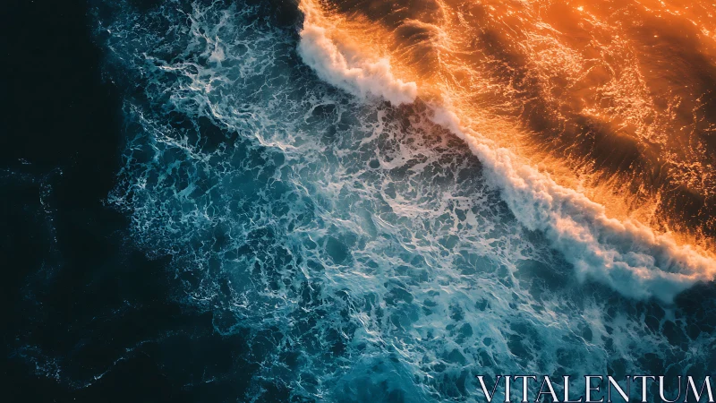 Aerial surf collision with orange and teal ocean light.
