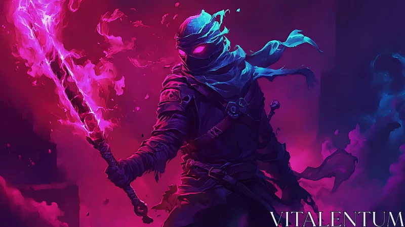 Hooded arcane warrior wields flaming staff in neon mist.