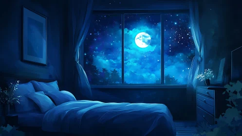 Moonlit bedroom interior under deep blue starry sky.