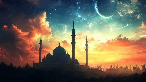 Fantasy mosque skyline under dramatic cosmic sunset.