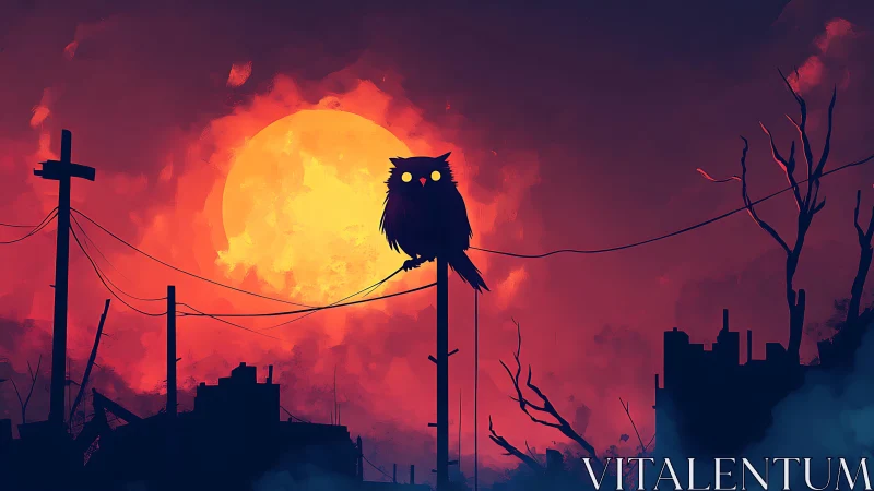Lone owl watches over a burning red post apocalyptic dusk.