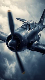 World War II fighter aircraft rendered in dramatic close flight