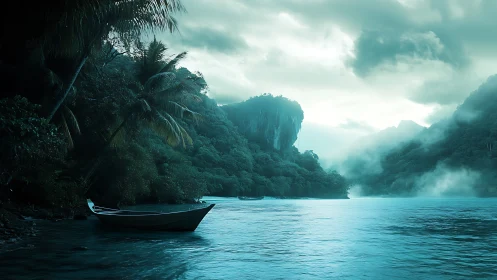 Emerald Lagoon Harbor: Traditional Longboat Anchored Amid Limestone Cliffs.