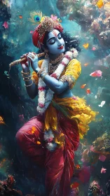Blue-skinned flute player in ornate attire amid petals.