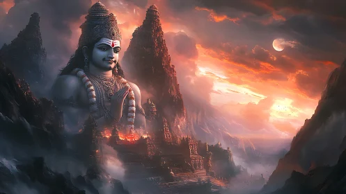 Majestic mountain deity watching over a fiery twilight realm.