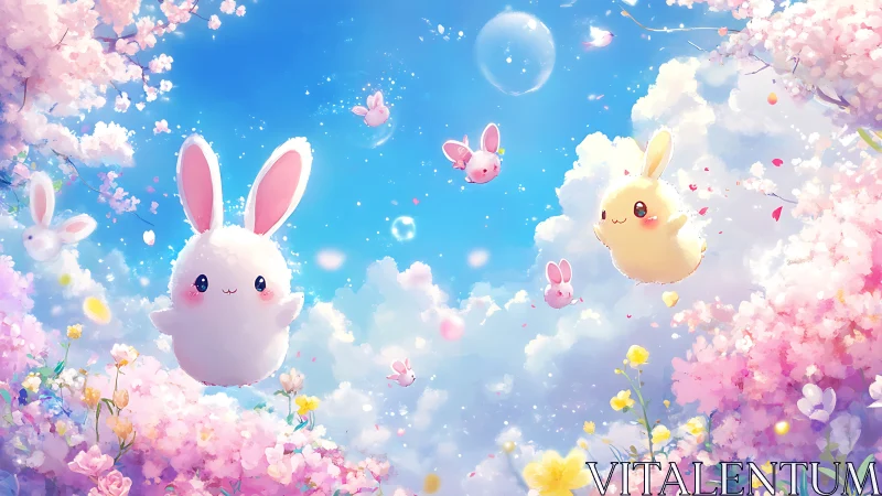 Fluffy pastel bunnies drift through cherry blossoms in spring