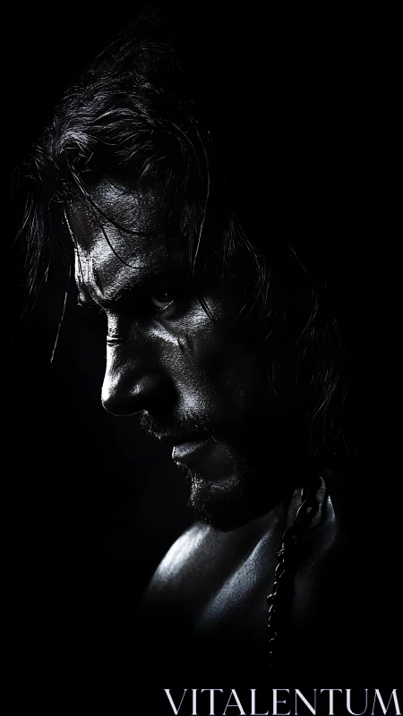 Brooding warrior carved from moonlit shadow and steel.