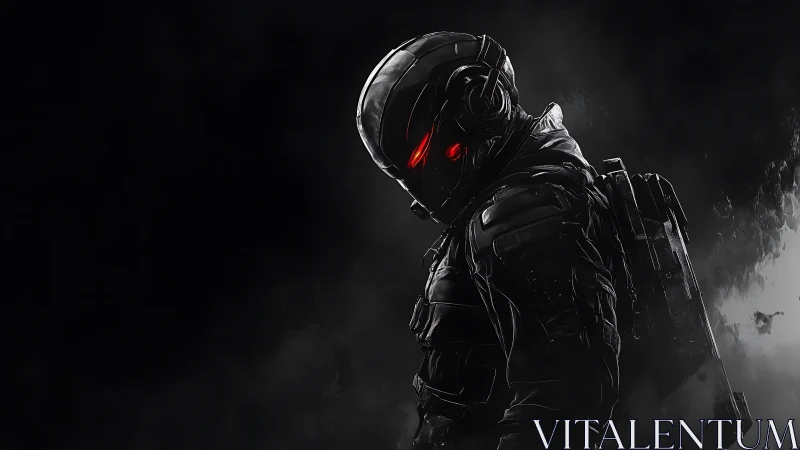 Cybernetic assault operative with glowing red visor eyes.