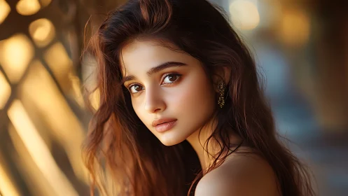 Photorealistic warm-portrait study with golden hour bokeh lighting.