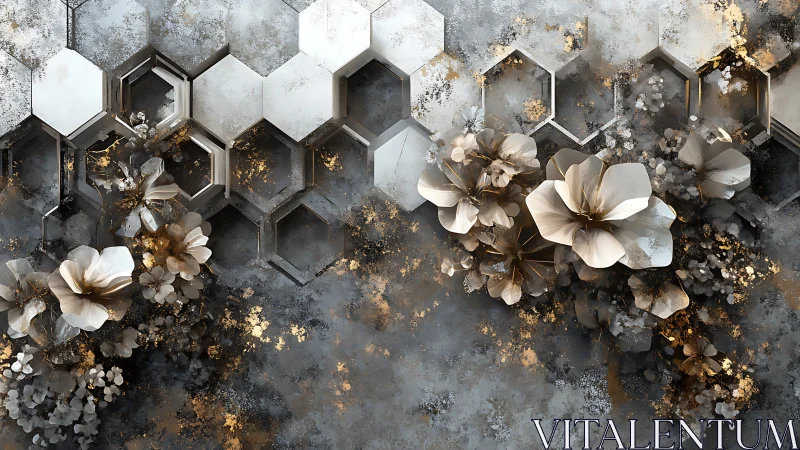 Hexagonal 3D wall relief integrates metallic flowers precisely