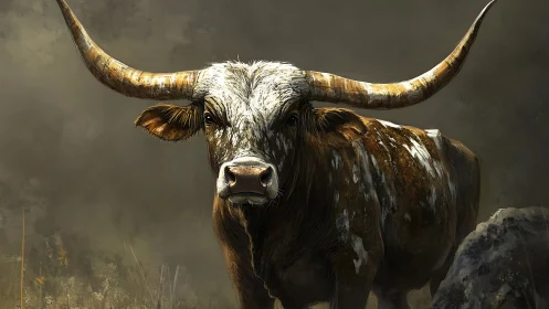 Stormlit longhorn stands defiant in swirling prairie dusk.