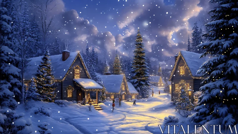 Snowy village street glows with warm holiday cottage lights