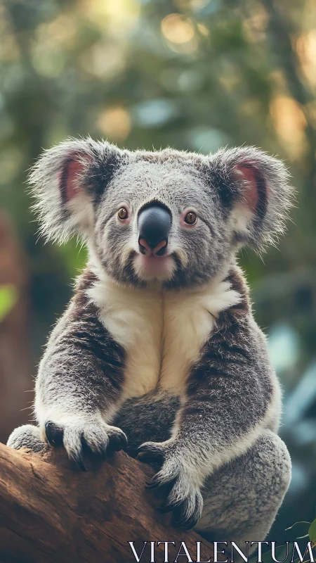 Gentle koala relaxing on a sunlit branch in soft forest light.