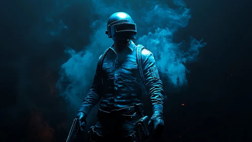 Armored combatant stands in blue smoke with pistols ready