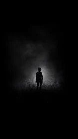 Silhouetted child stands in glowing mist within dark field