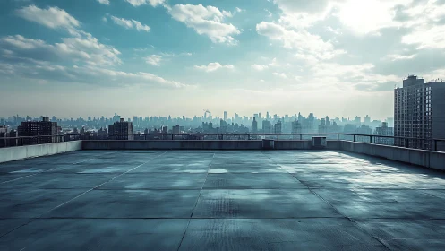 Skyline balcony drifts above a quiet, rain-washed rooftop.