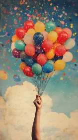 Hand Holding Colorful Balloons Rising into Clouds