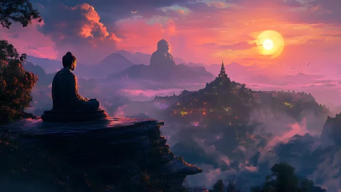 Meditating Buddha overlooks luminous mountain temple valley.