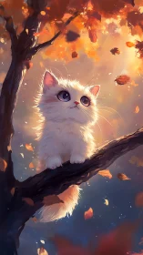 Luminous Kitten Perched Among Burning Autumn Reverie.
