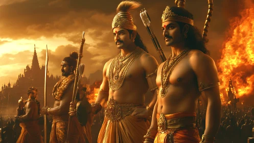 Warriors in ornate armor stand before burning battlefield